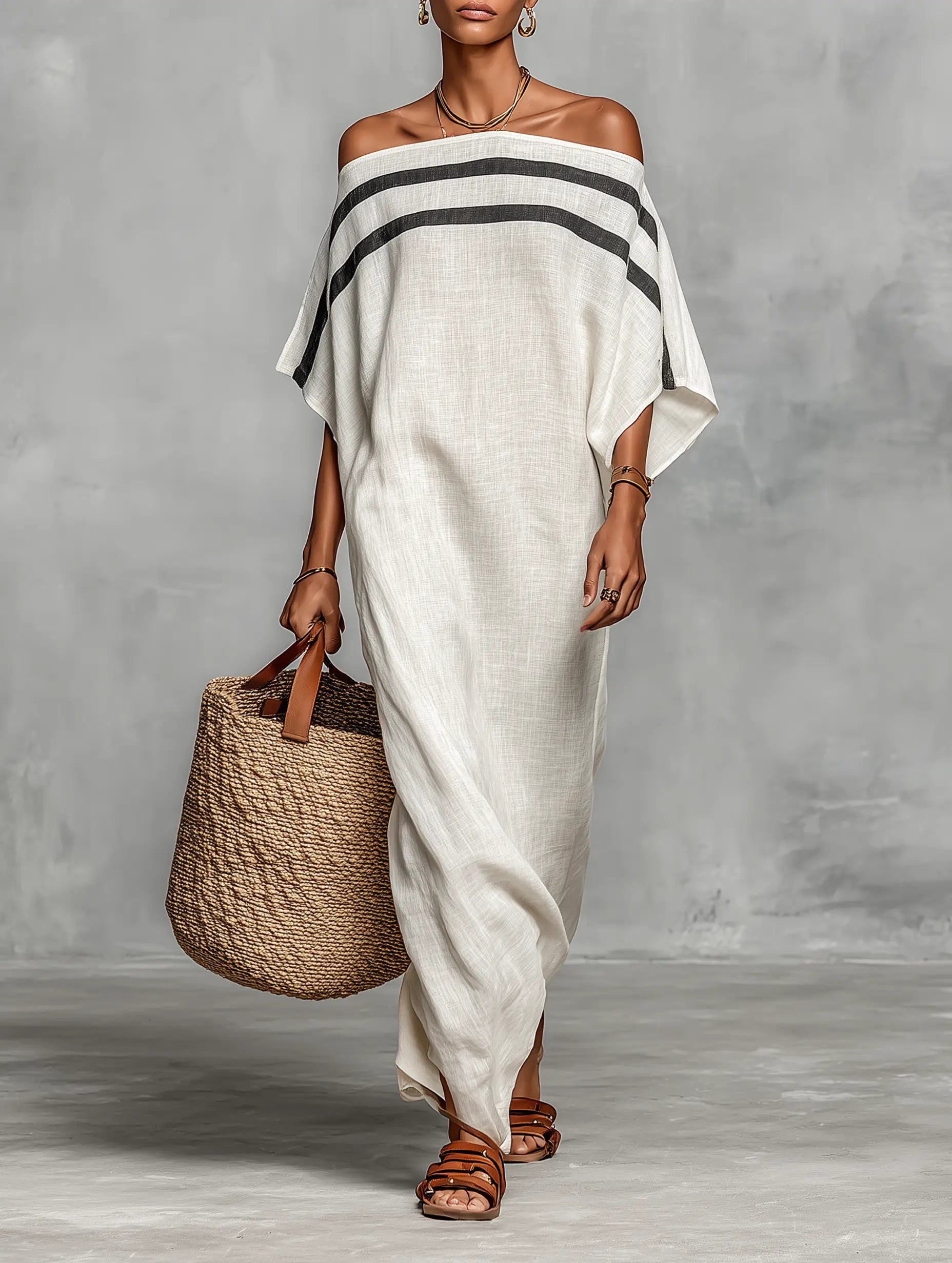 Bianca | Women's Minimalist Linen Blend Off-the-Shoulder Batwing Sleeve Straight-Cut Maxi Dress oaklynwear