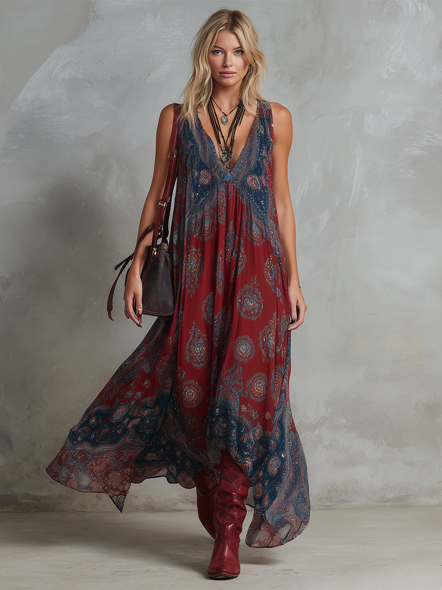 Indira | Ethnic Print Chiffon Maxi Dress oaklynwear