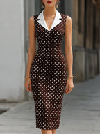Brown White Polka Dot Contrast White Lapel Sleeveless Midi Pencil Dress oaklynwear
