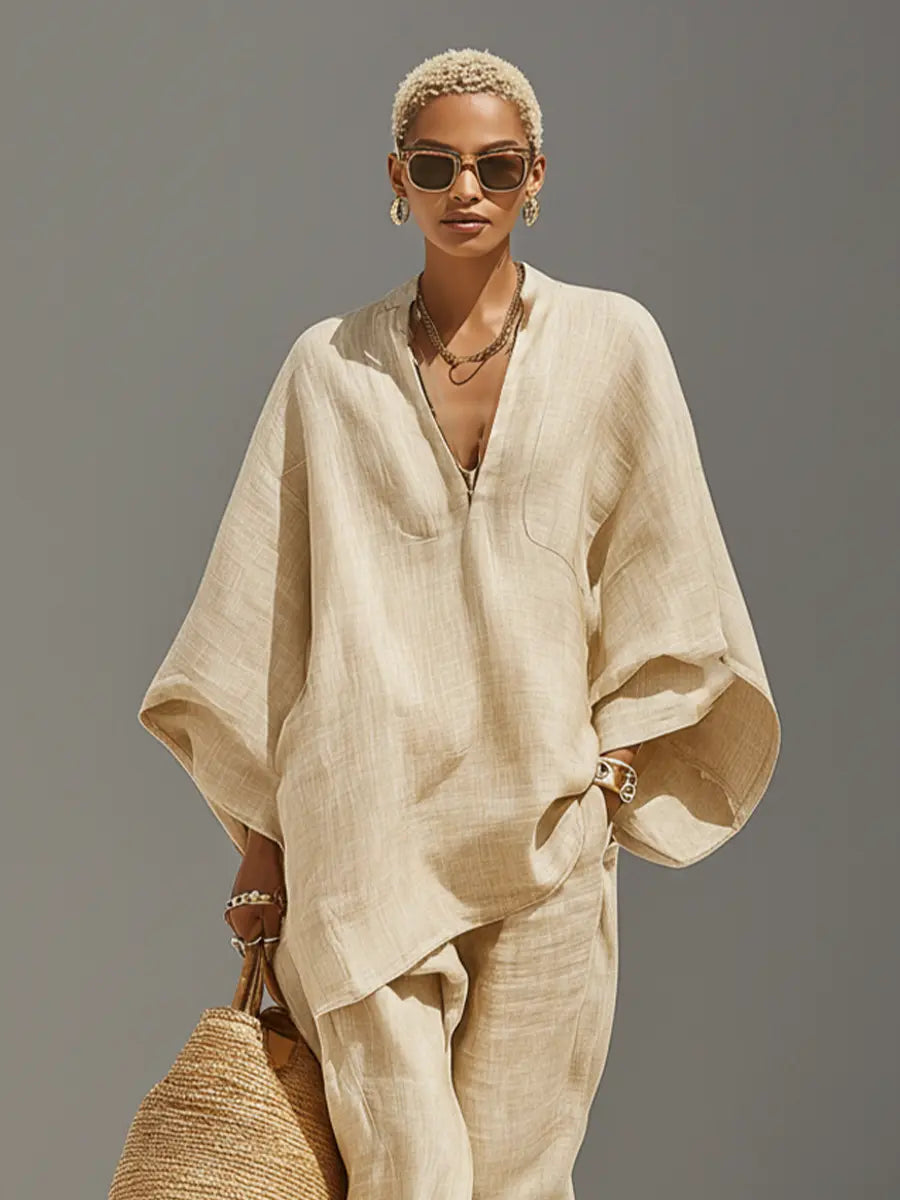 Nadia | Women's Neutral Linen Set With Asymmetric Hem & Minimalist Design oaklynwear