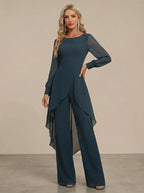 Graceful Navy Chiffon Jumpsuit with Sheer Sleeves and Draped Overlay oaklynwear