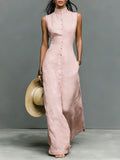 Ingrid | Women's Minimalist Linen-Blend Stand-Collar Single-Breasted Sleeveless Maxi Dress oaklynwear