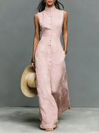 Ingrid | Women's Minimalist Linen-Blend Stand-Collar Single-Breasted Sleeveless Maxi Dress oaklynwear