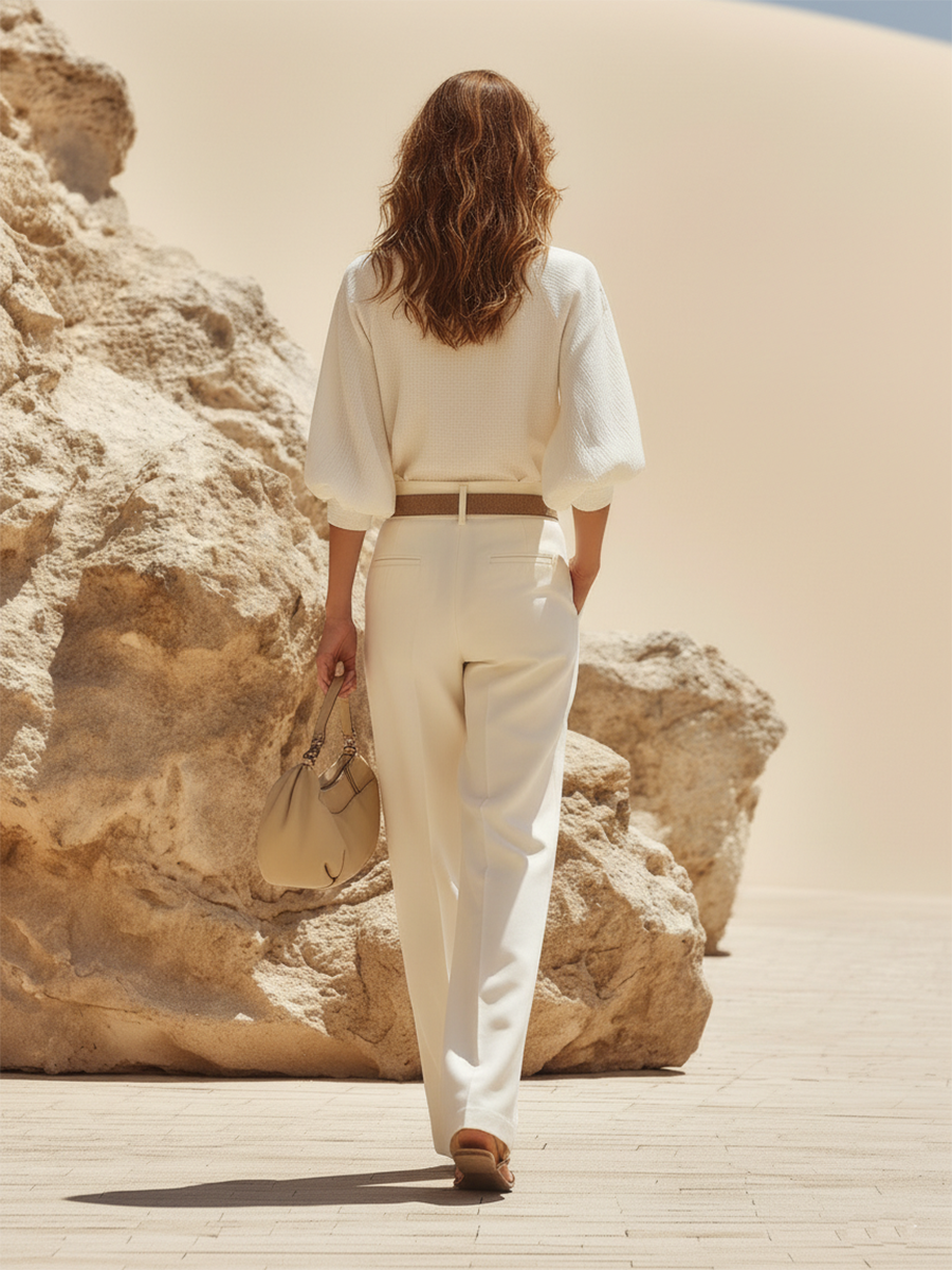 Resort-style Cotton V-neck Long-sleeved Trouser Set oaklynwear