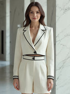 Cream Colored Short Blazer With Black Piping And High Waisted Pleated Shorts 2-Piece Suit oaklynwear