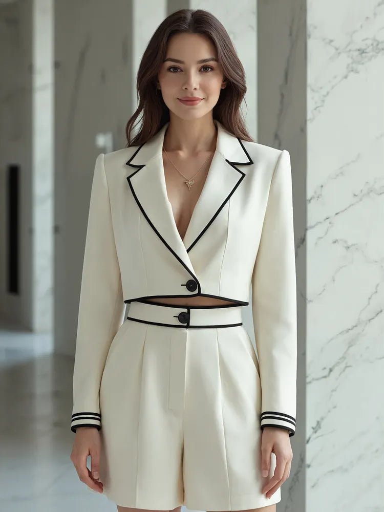 Cream Colored Short Blazer With Black Piping And High Waisted Pleated Shorts 2-Piece Suit oaklynwear