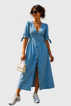 Dottie | Button-Front Puff Sleeve Denim Midi Dress oaklynwear