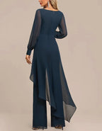 Graceful Navy Chiffon Jumpsuit with Sheer Sleeves and Draped Overlay oaklynwear