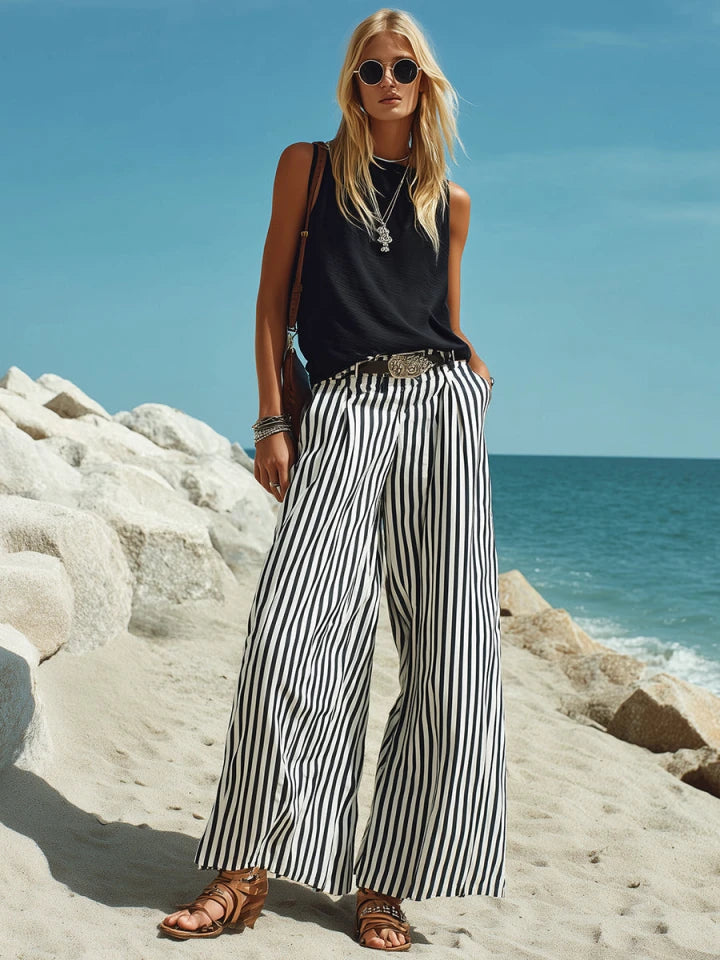 Marina | Striped Wide-Leg Pants Vest Set oaklynwear