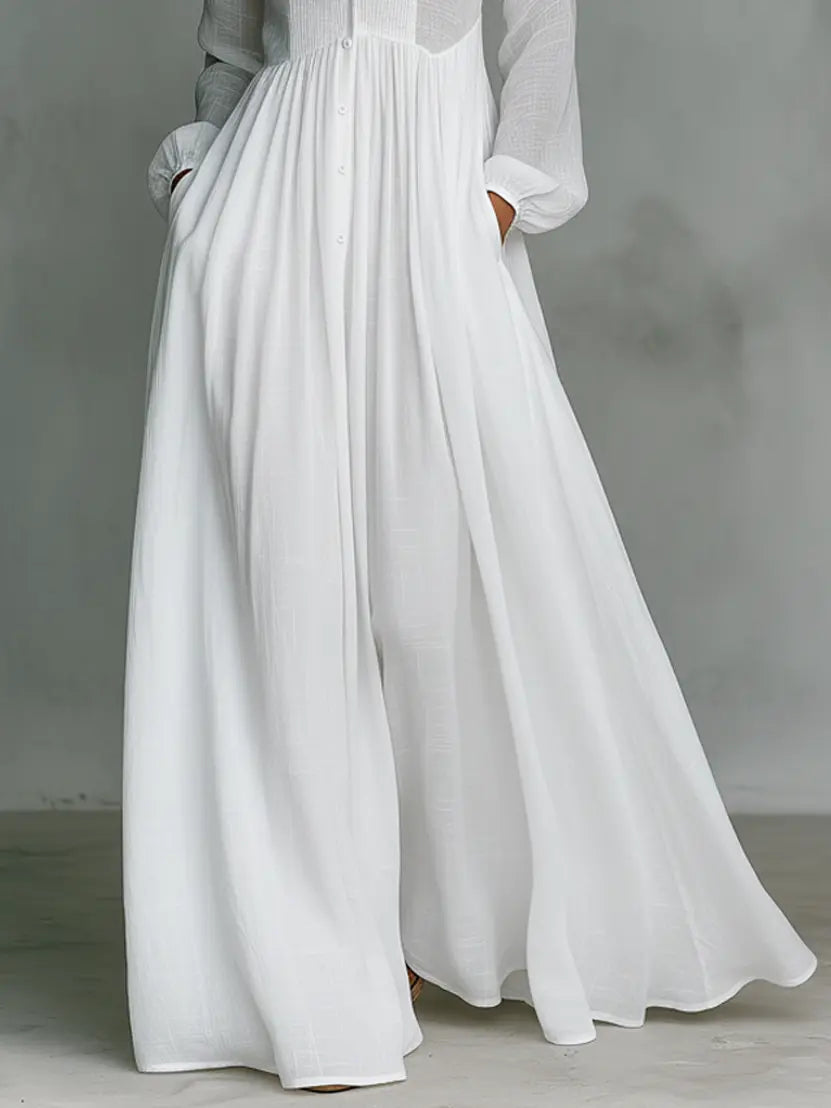 Miriam | Minimalist Cotton And Linen Patchwork Long-Sleeved Maxi Dress oaklynwear