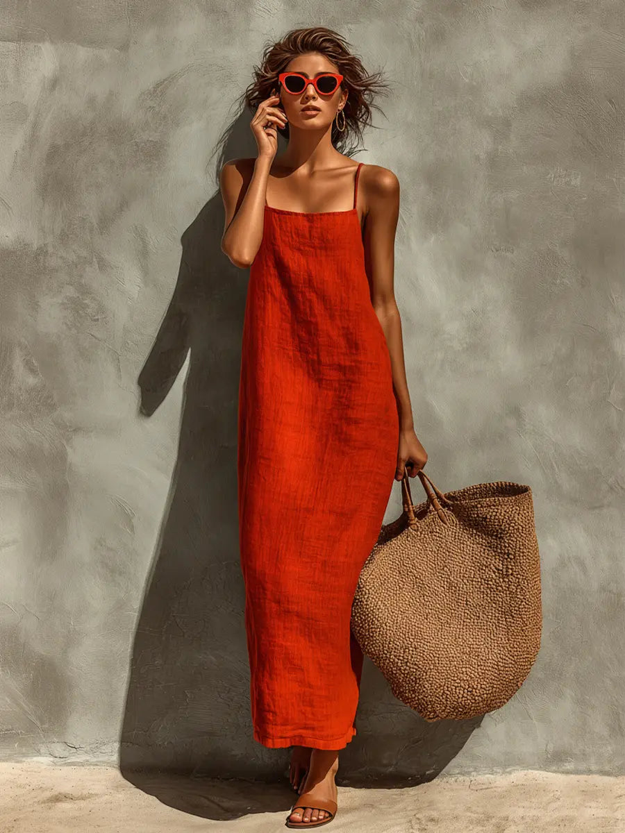 Ruby | Women's Red Cotton Dress With Spaghetti Straps & Square Neck oaklynwear