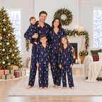 Navy dog print family Christmas pajamas with red piping