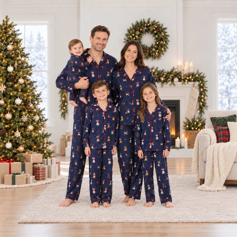 Navy dog print family Christmas pajamas with red piping