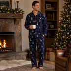 Navy dog print family Christmas pajamas with red piping - view 2