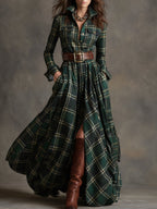 Woman wearing a long sleeve plaid maxi shirt dress with collar, button front and full flowing skirt