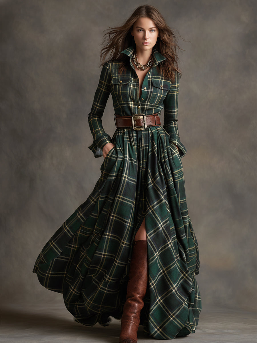 Woman wearing a long sleeve plaid maxi shirt dress with collar, button front and full flowing skirt - view 10