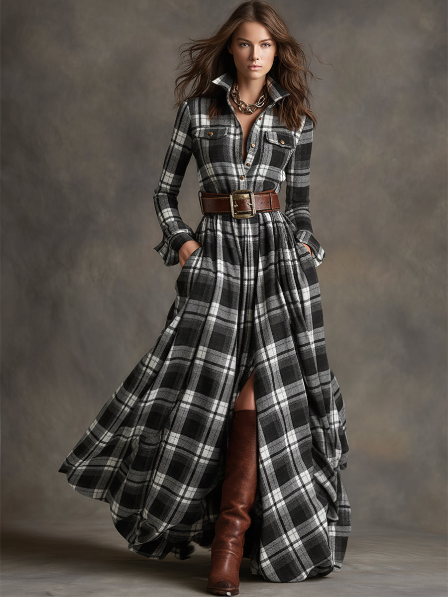 Woman wearing a long sleeve plaid maxi shirt dress with collar, button front and full flowing skirt - view 11