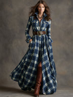 Woman wearing a long sleeve plaid maxi shirt dress with collar, button front and full flowing skirt - view 12