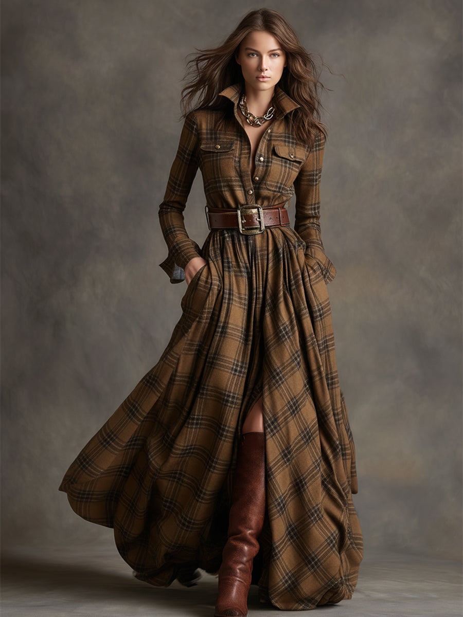 Woman wearing a long sleeve plaid maxi shirt dress with collar, button front and full flowing skirt - view 13