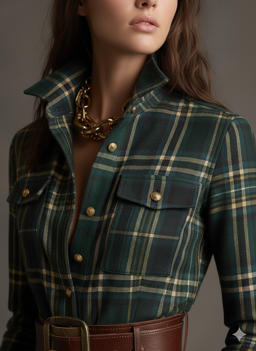 Woman wearing a long sleeve plaid maxi shirt dress with collar, button front and full flowing skirt - view 2