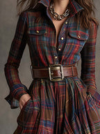 Woman wearing a long sleeve plaid maxi shirt dress with collar, button front and full flowing skirt - view 3