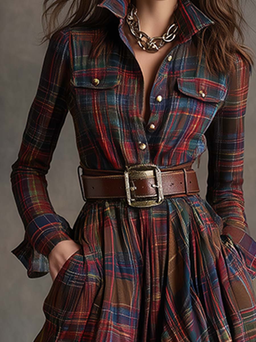 Woman wearing a long sleeve plaid maxi shirt dress with collar, button front and full flowing skirt - view 3