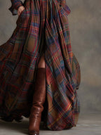 Woman wearing a long sleeve plaid maxi shirt dress with collar, button front and full flowing skirt - view 5