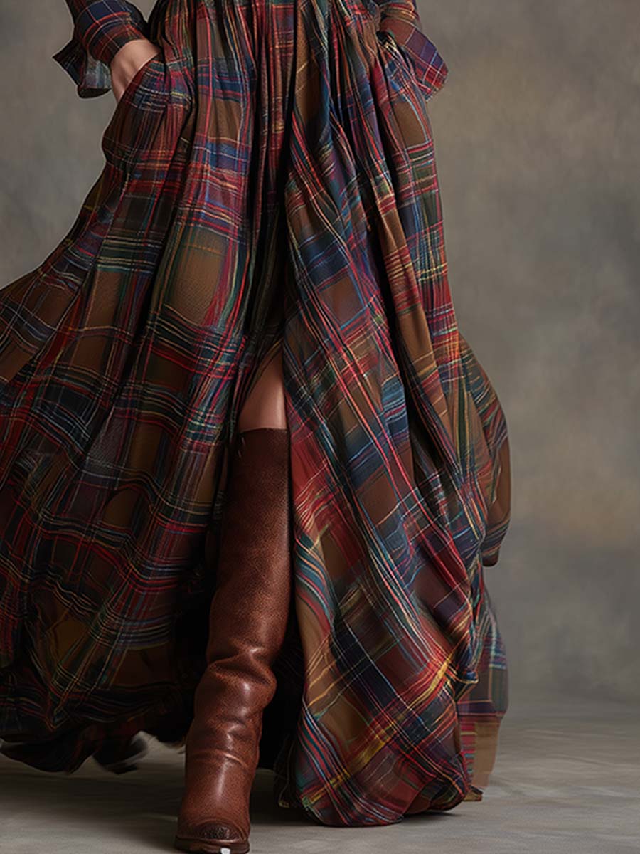 Woman wearing a long sleeve plaid maxi shirt dress with collar, button front and full flowing skirt - view 5