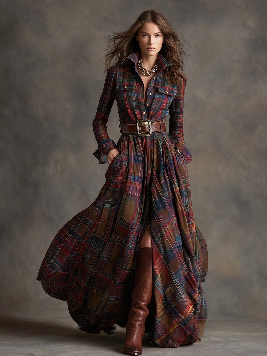 Woman wearing a long sleeve plaid maxi shirt dress with collar, button front and full flowing skirt - view 6