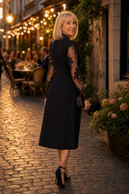 Blazer-style bodycon dress with shawl collar, sheer floral lace sleeves and lace skirt panel - view 5