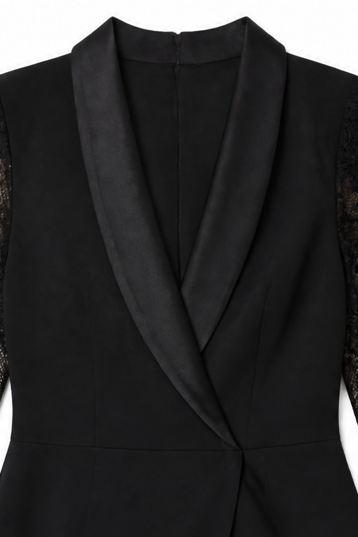 Blazer-style bodycon dress with shawl collar, sheer floral lace sleeves and lace skirt panel - view 7
