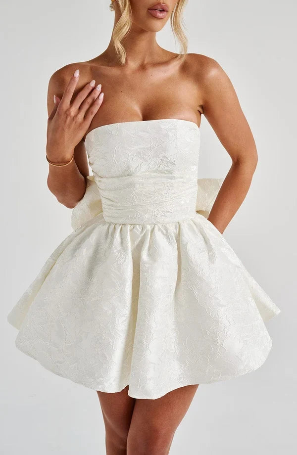 Pink floral jacquard strapless mini dress with oversized back bow and lace-up back - view 10