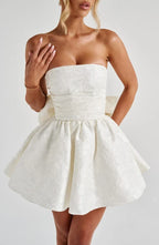 Pink floral jacquard strapless mini dress with oversized back bow and lace-up back - view 10