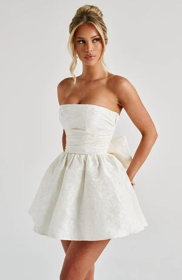 Pink floral jacquard strapless mini dress with oversized back bow and lace-up back - view 11