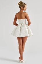 Pink floral jacquard strapless mini dress with oversized back bow and lace-up back - view 12