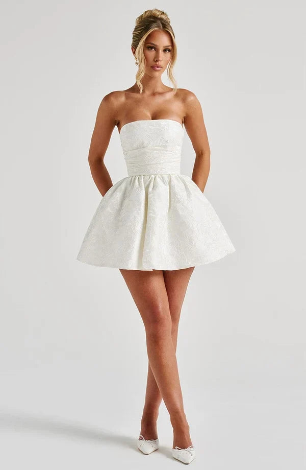 Pink floral jacquard strapless mini dress with oversized back bow and lace-up back - view 13