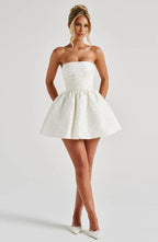 Pink floral jacquard strapless mini dress with oversized back bow and lace-up back - view 13