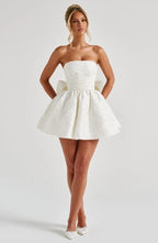 Pink floral jacquard strapless mini dress with oversized back bow and lace-up back - view 14
