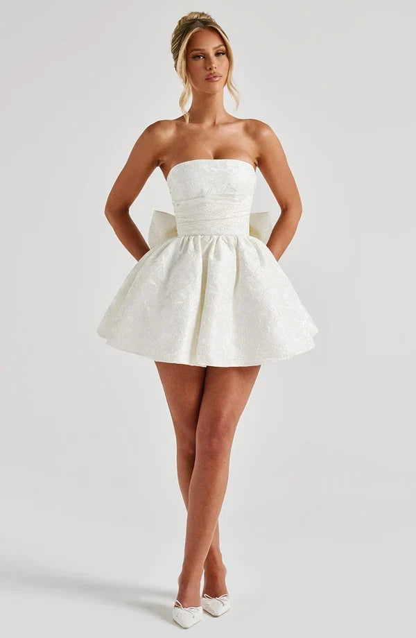 Pink floral jacquard strapless mini dress with oversized back bow and lace-up back - view 14