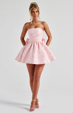 Pink floral jacquard strapless mini dress with oversized back bow and lace-up back - view 2