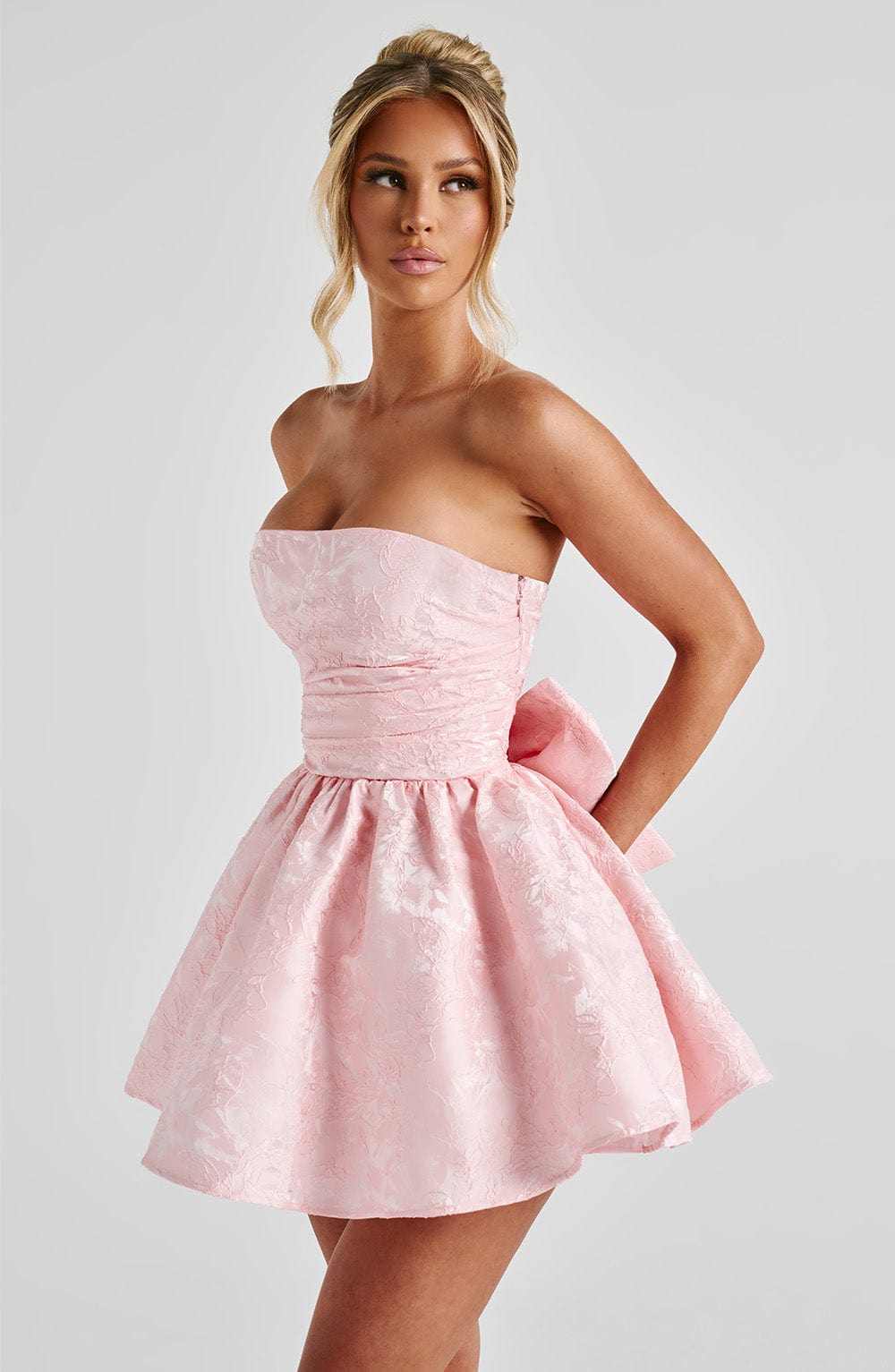 Pink floral jacquard strapless mini dress with oversized back bow and lace-up back - view 5