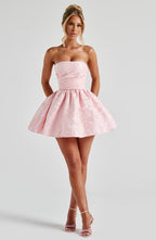 Pink floral jacquard strapless mini dress with oversized back bow and lace-up back - view 8