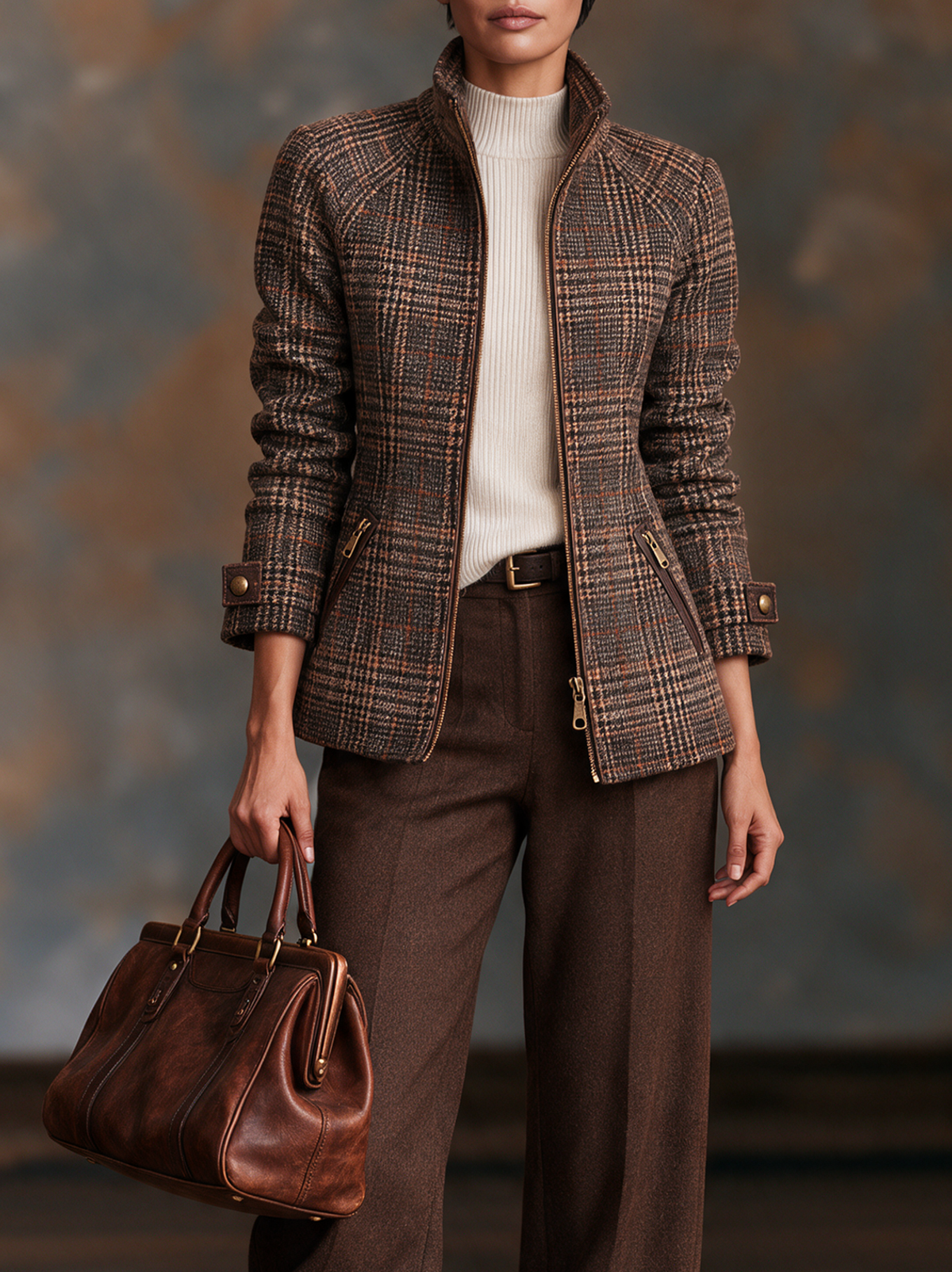 Womens brown plaid winter jacket with high stand collar and zip front