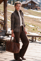 Womens brown plaid winter jacket with high stand collar and zip front - view 2