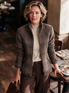 Womens brown plaid winter jacket with high stand collar and zip front - view 3