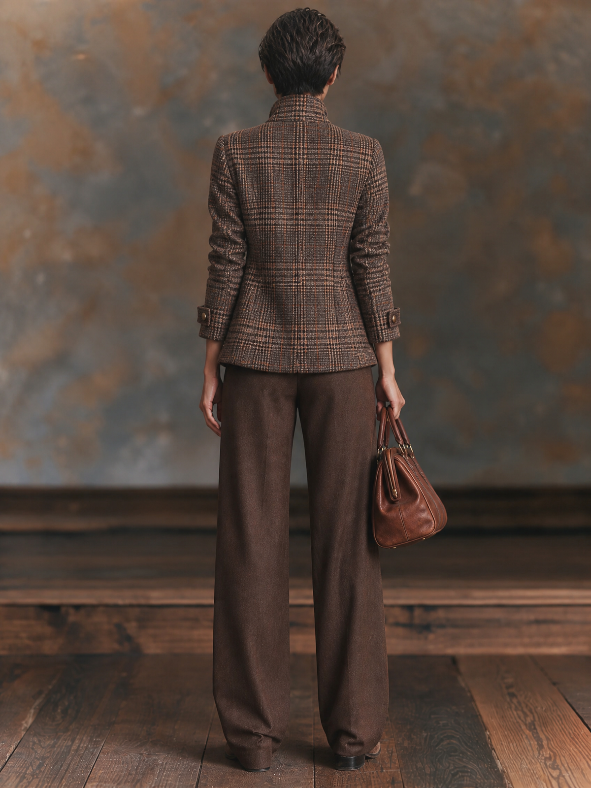 Womens brown plaid winter jacket with high stand collar and zip front - view 4