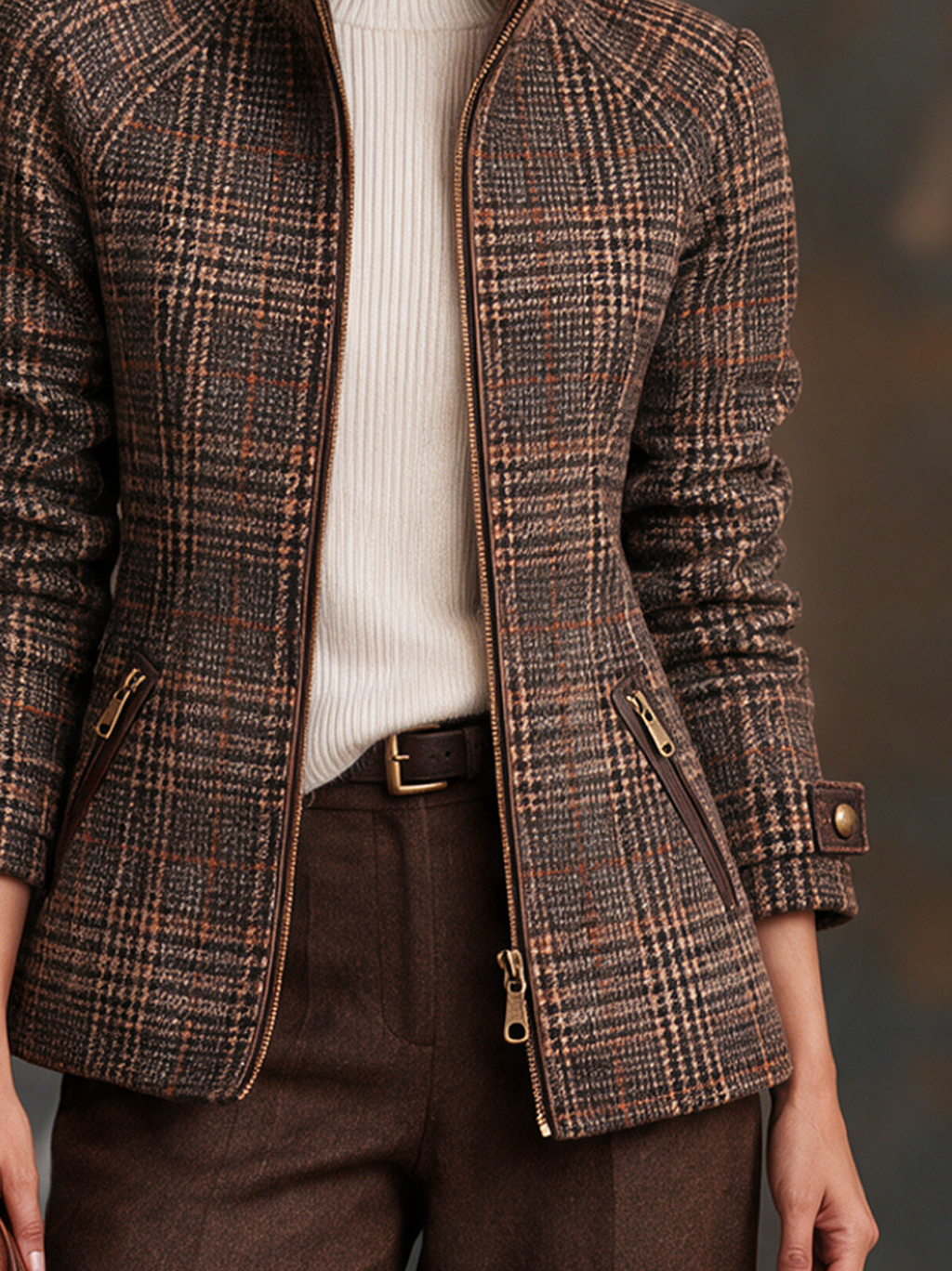Womens brown plaid winter jacket with high stand collar and zip front - view 5