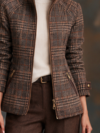 Womens brown plaid winter jacket with high stand collar and zip front - view 5