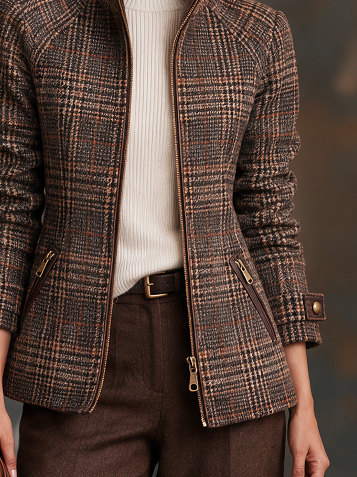 Womens brown plaid winter jacket with high stand collar and zip front - view 5