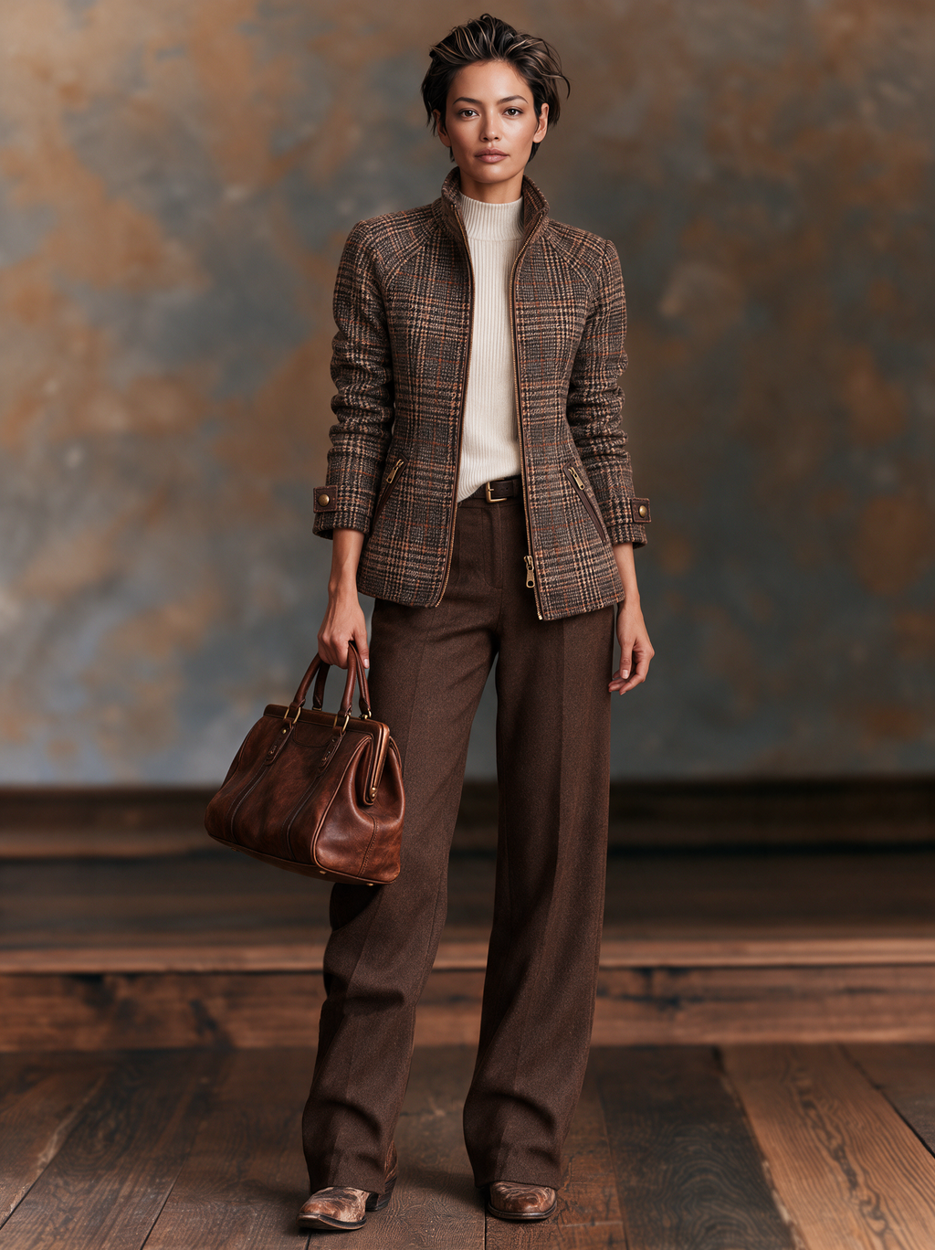 Womens brown plaid winter jacket with high stand collar and zip front - view 6